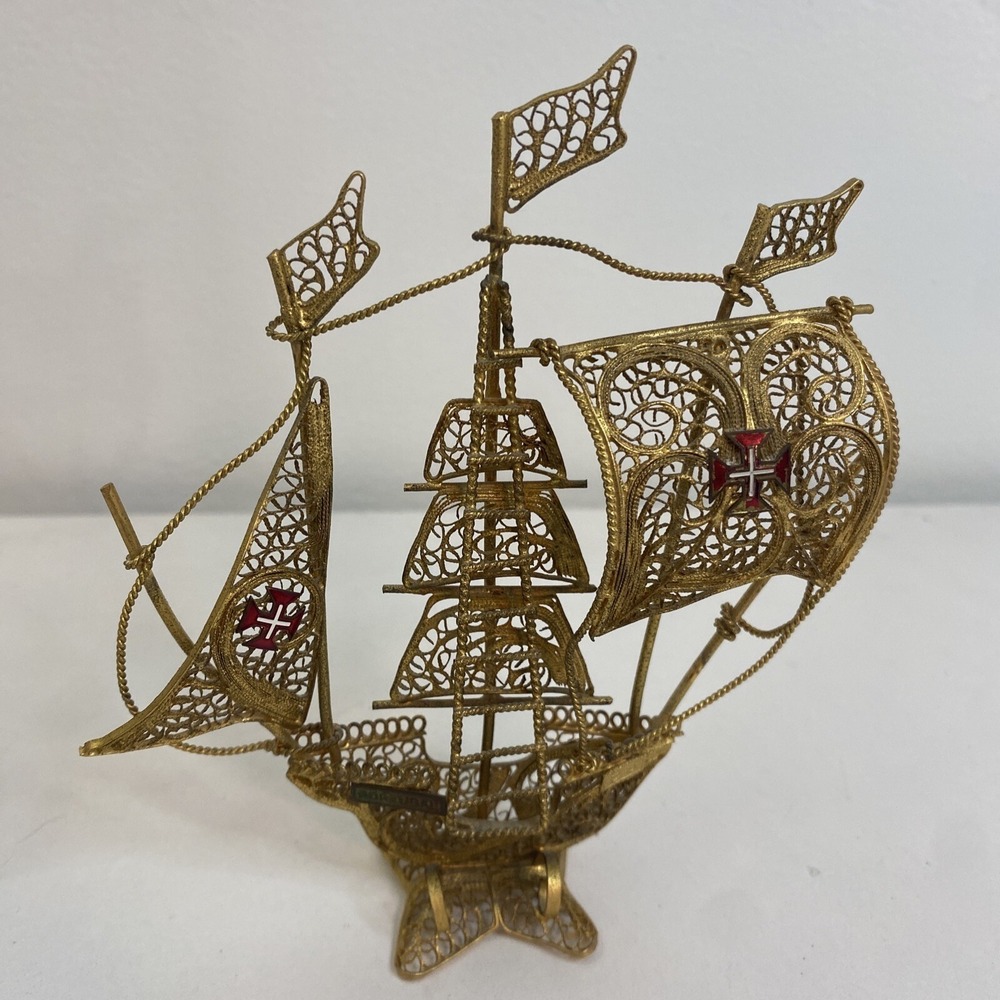 Vintage Portuguese Galleon Filligree Gold Tone Ship Figurine Statute KG